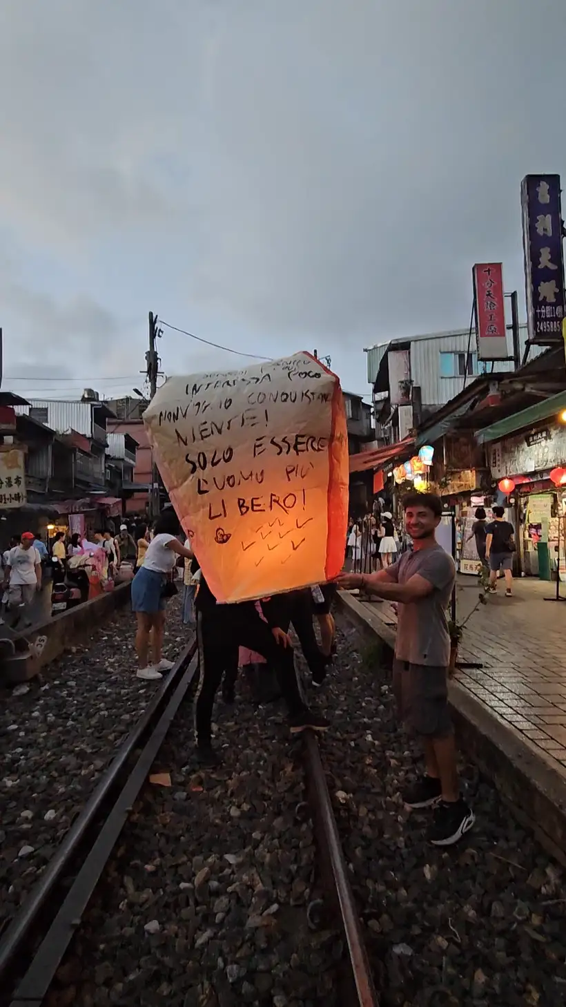 A sky lantern on the railway line in Taiwan