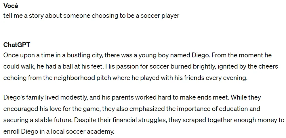 ChatGPT's story about someone choosing to be a soccer player
