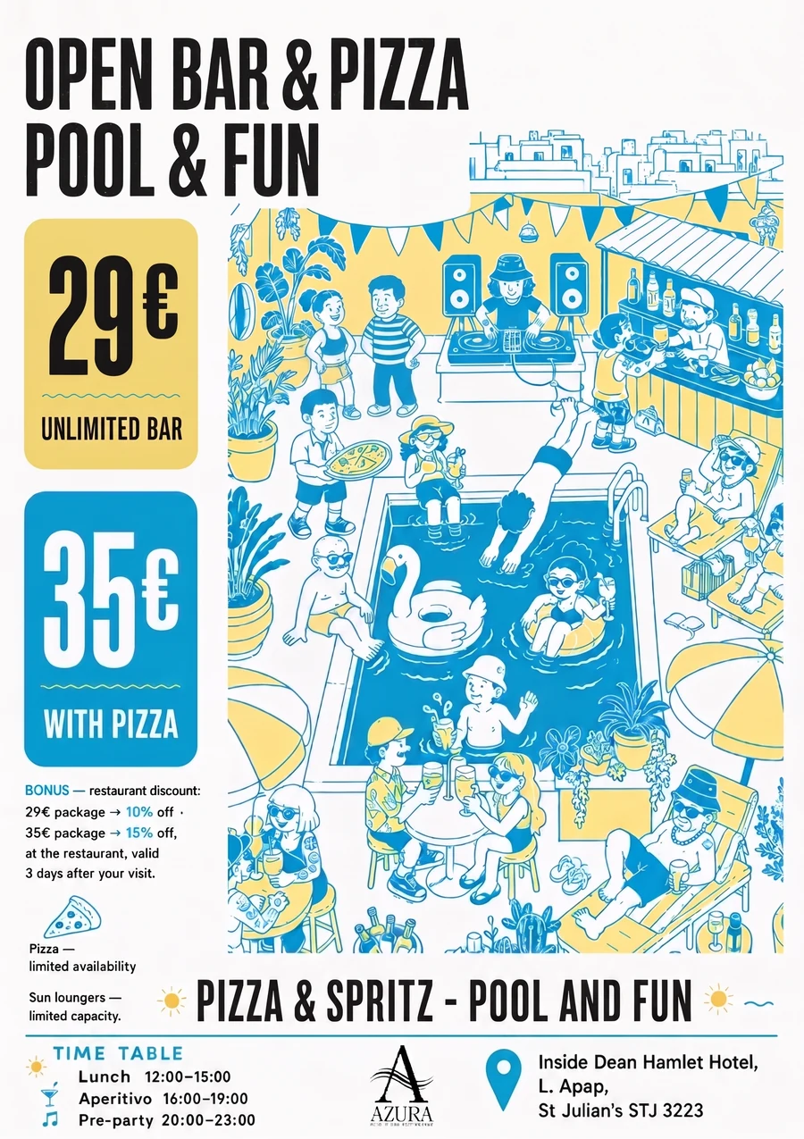Open bar and pizza pool party poster