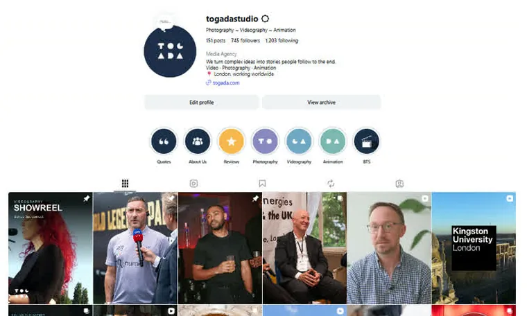 Togada Instagram profile and grid