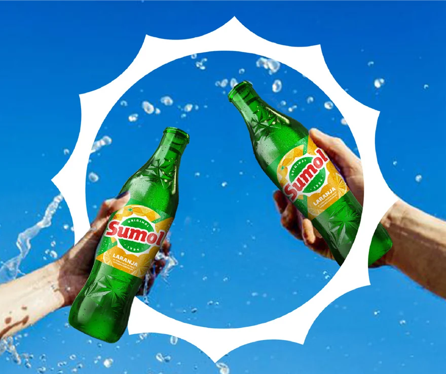 Two hands clinking Sumol bottles inside the sun frame